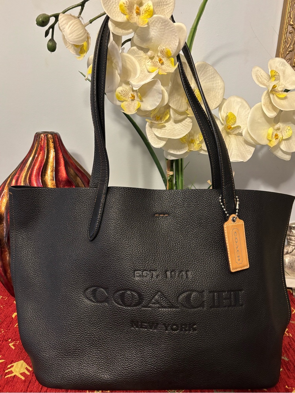 Coach Black Leather Tote with Tan Leather Tag